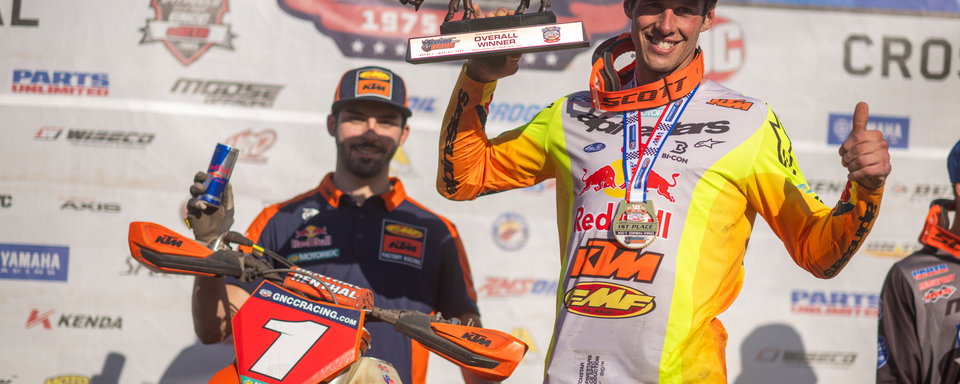 FMF KTM FACTORY RACING'S JOHNNY GIRROIR STANDS ON TOP OF WILD BOAR GNCC PODIUM