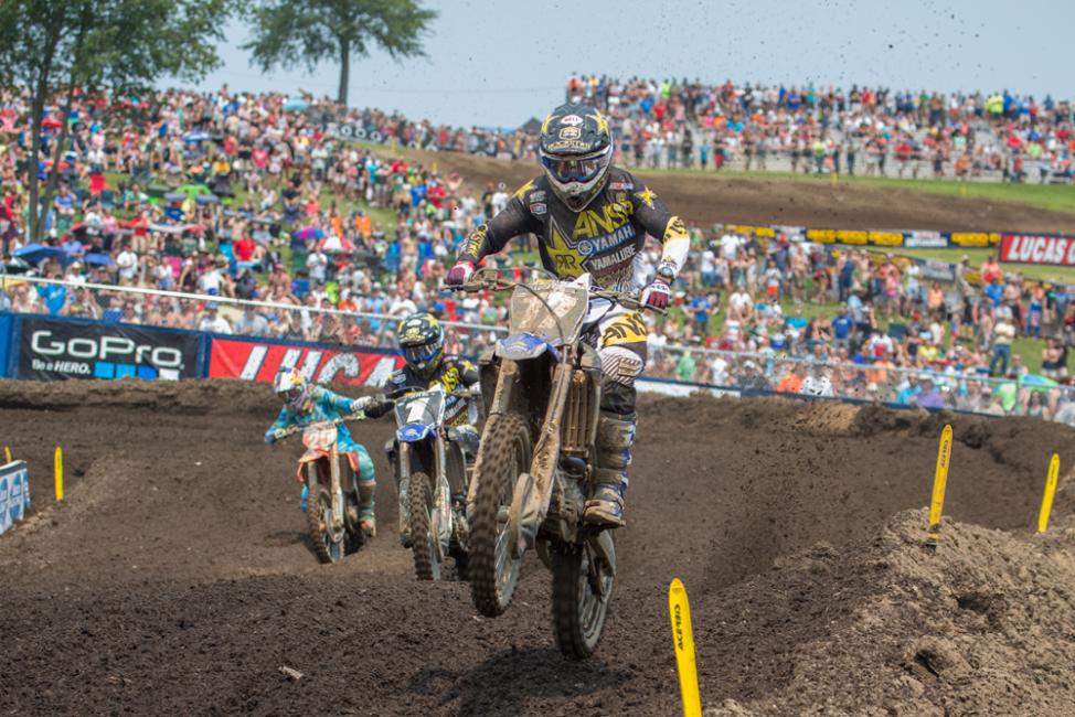 Webb (17) has forced himself into the mix for victory with Martin (1) and Musquin (25), searching for his first win of the season.Photo: George Crosland 